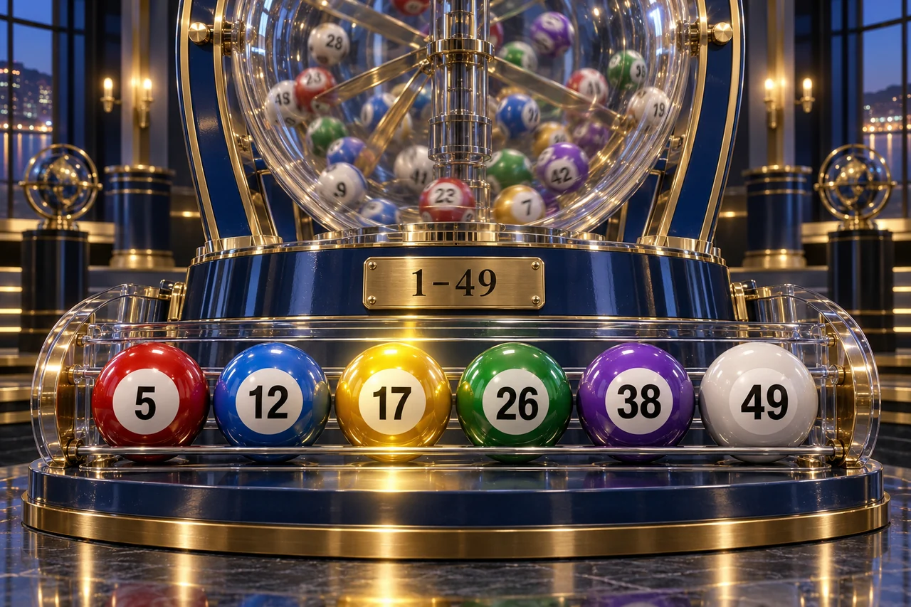 Six illustrative lottery balls numbered 5, 12, 17, 26, 38 and 49, with 17 highlighted.