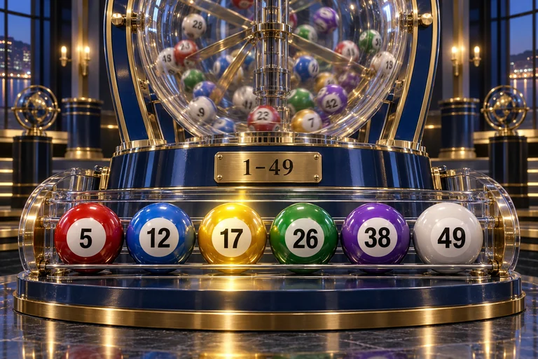 Six illustrative lottery balls numbered 5, 12, 17, 26, 38 and 49, with 17 highlighted.